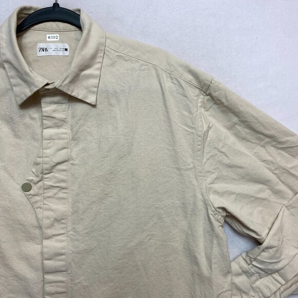 Zara Shirt Mens L Beige Long Sleeve Canvas Button Up - Picture 2 of 11